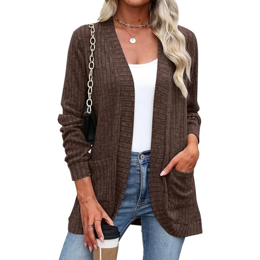Women's Lightweight Cardigan Sweater Open Front w/Pockets, Brown, XXL